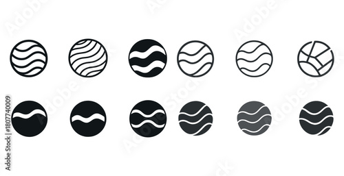 Set of black and white wave patterns in circular designs