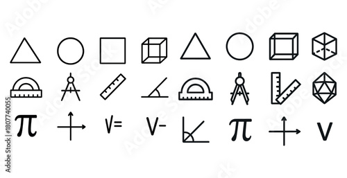 Geometric shapes and symbols: triangles, circles, cubes, pi, angles, and tools