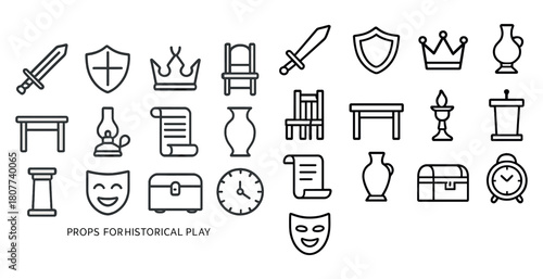 Historical play props: swords, crowns, shields, chairs, vases, scrolls, masks, clock, candlestick, treasure chest