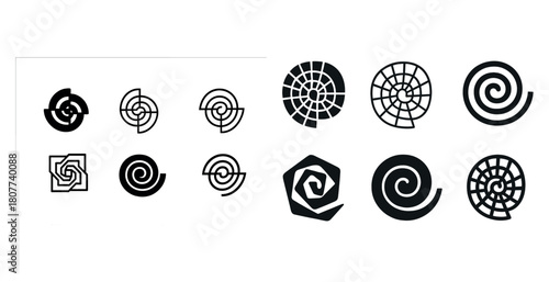 Diverse spiral logo designs collection with geometric patterns and unique styles