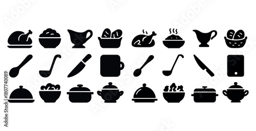 Silhouette icons of kitchenware for cooking and dining