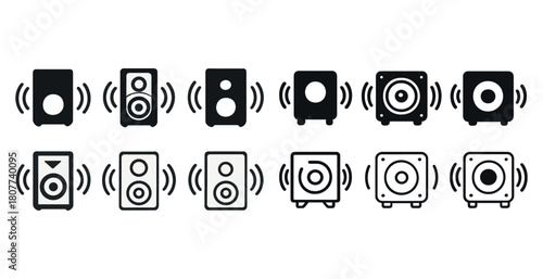 Black and white speaker icons with sound waves illustrating audio equipment variety