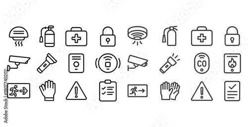 Collection of safety and security icons featuring cameras, alarms, and locks in simple black and white design