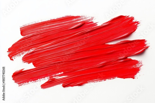 Bold red paint stroke on solid white background, showcasing vivid texture and brush detail. Bright lighting enhances contrast. Neural network AI generated