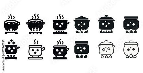 Set of twelve black and white iconic cooking pot illustrations