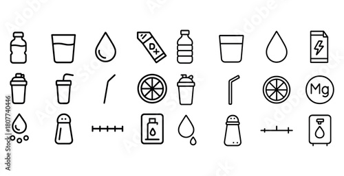 Hydration and nutrition icons: water, supplements, electrolytes, shaker, bottle