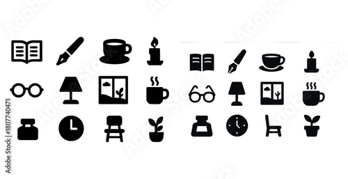 Collection of various black and white office and home icons including plants and chairs