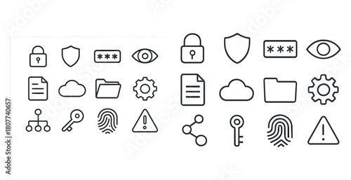 Set of security and data management icons featuring locks and passwords