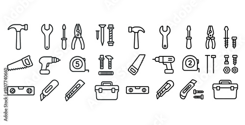 Collection of black and white hand tools and diy equipment icons