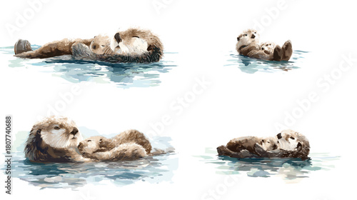 Delicate watercolor illustration of sea otters floating on water, some cuddling a baby otter. Relaxing marine wildlife artwork with soft blue tones and gentle natural details.