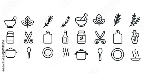 Minimalist kitchen utensils and herbs icons set for cooking and natural ingredients
