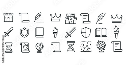 Medieval icon set with castles, crowns, and scrolls in line art style