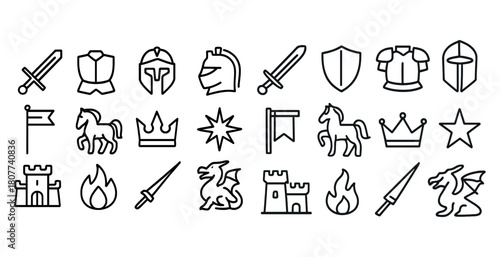 Medieval icons set: swords, shields, helmets, dragons, castles, and crowns