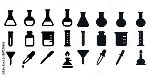 Silhouette icons of laboratory equipment including beakers and flasks in various shapes
