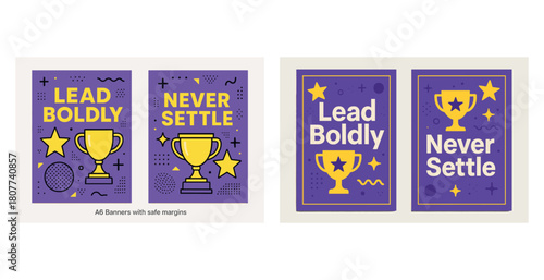 Inspirational posters with trophy and motivational quotes on purple background