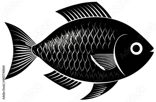 Stylized black and white fish in a woodcut print style.