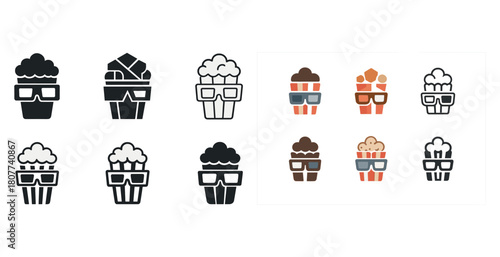 Popcorn icons with 3d glasses in black and color variations