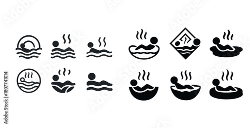 Relaxation icon set: spa, sauna, bath, steam, zen symbols for wellness and leisure