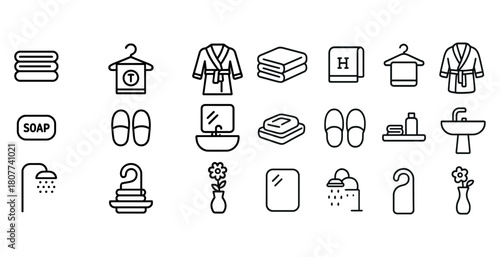 Bathroom essentials icons: towels, robes, soaps, slippers, showers, sinks, mirrors