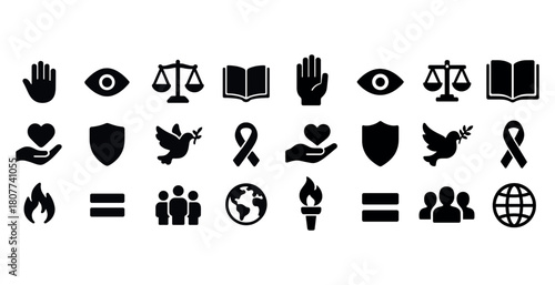 Universal icons set: justice, peace, equality, awareness, protection symbols