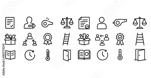Set of business and office icons including ladder, scale, whistle, ribbon, and door