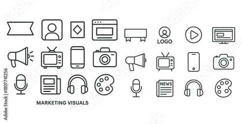 Set of outline icons for media and marketing elements