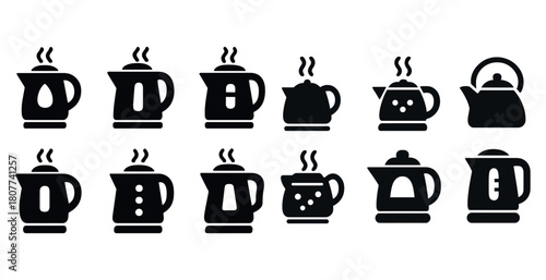 Black silhouette icons of electric and traditional kettles with steam