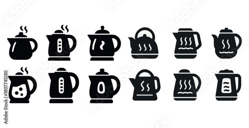 Set of black teapot and kettle icons with varying designs and steam illustrations