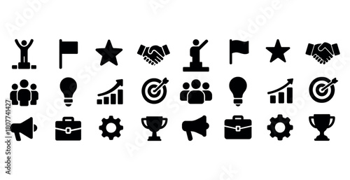 Set of black business icons including trophy, chart, target, and briefcase on white background