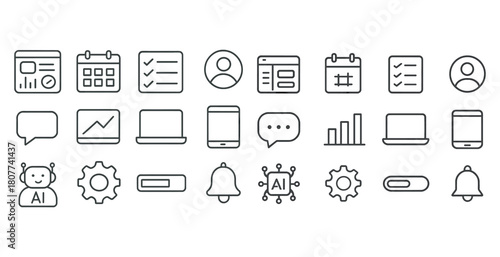 Ai and technology icons including calendar, chat, and graph symbols