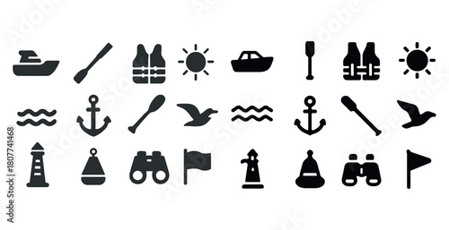 Nautical icons set featuring boats, anchors, and marine symbols