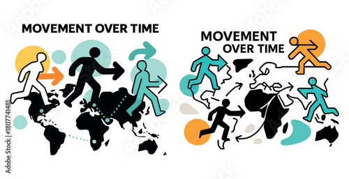 Illustrative depiction of human movement over time on world maps