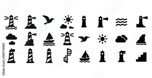 Black and white nautical icons: lighthouses, boats, waves, birds, and sun