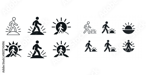 Walking icon variations with sunrise and sunset themes in black and white