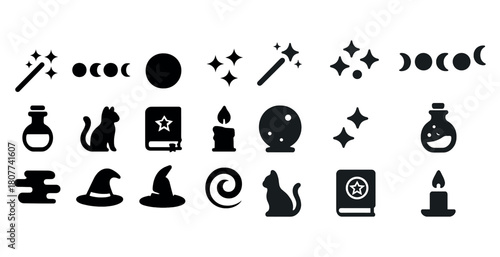 Magic icons: wands, moons, potions, cats, books, candles, hats, stars