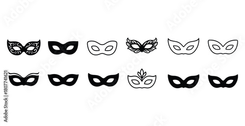 Collection of black and white masquerade masks on white background