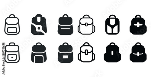 Set of black and white minimal backpack icons