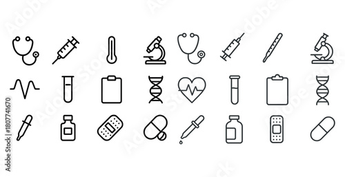 Medical icons set: stethoscope, microscope, syringe, heart, dna, thermometer