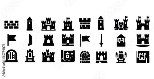 Collection of medieval castle icons and symbols in black silhouette style