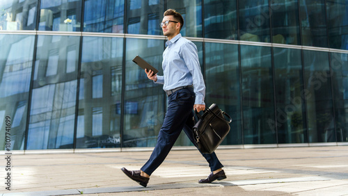 Businessman walking confidently in a modern urban setting