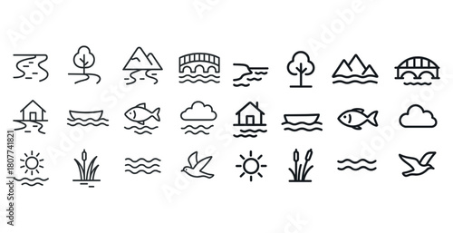 Minimalist nature and water icons set featuring trees, fish, clouds, and sun