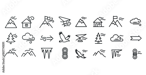 Adventure and nature inspired icon set featuring mountains, trees, and birds