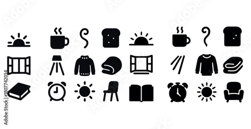 Collection of household and daily life icons in black and white