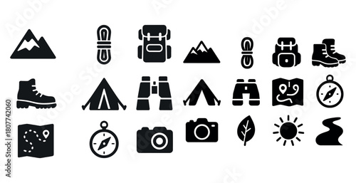Adventure icons: camping, hiking, and navigation symbols collection