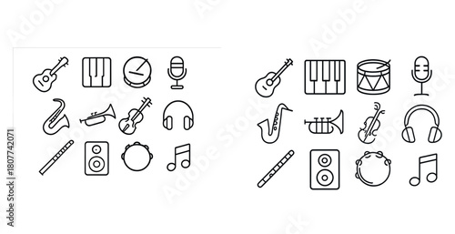 Simple line icons of musical instruments and equipment