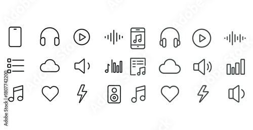 Minimalist music and media icon set: phones, headphones, notes, play, sound, cloud