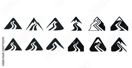 Set of mountain icons with pathway designs