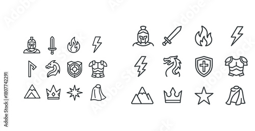 Medieval symbols: helmets, swords, shields, dragons, and more icons