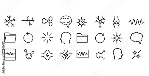 Simple brain and neural network icons set in black and white