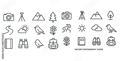 Nature photography icons: camera, tripod, mountains, wildlife, outdoor elements